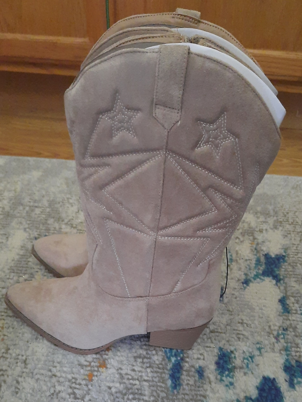 Star-Stitched Suede Western Heeled Boots - Beige